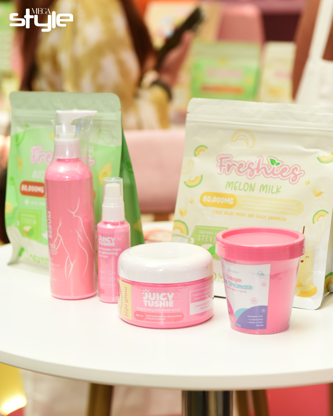 MS-x-Juju-Glow-2-1 - MEGA Juicy Tushie with Body and Bleaching Serum, Juicy Tushie Intimate Care Brightening Serum, Juicy Tushie Brightening Butt Mask Scrub, Collagen Ice Cream Mask, and Freshies Melon Drink