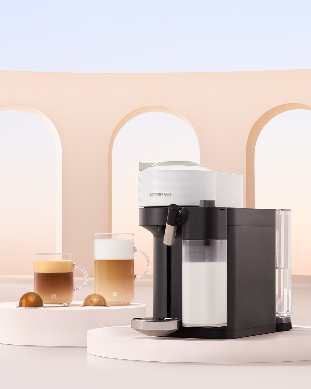 Nespresso-Vertuo-Lattissima-Matte-White-Glossy-and-coffees - MEGA Nespresso Vertuo