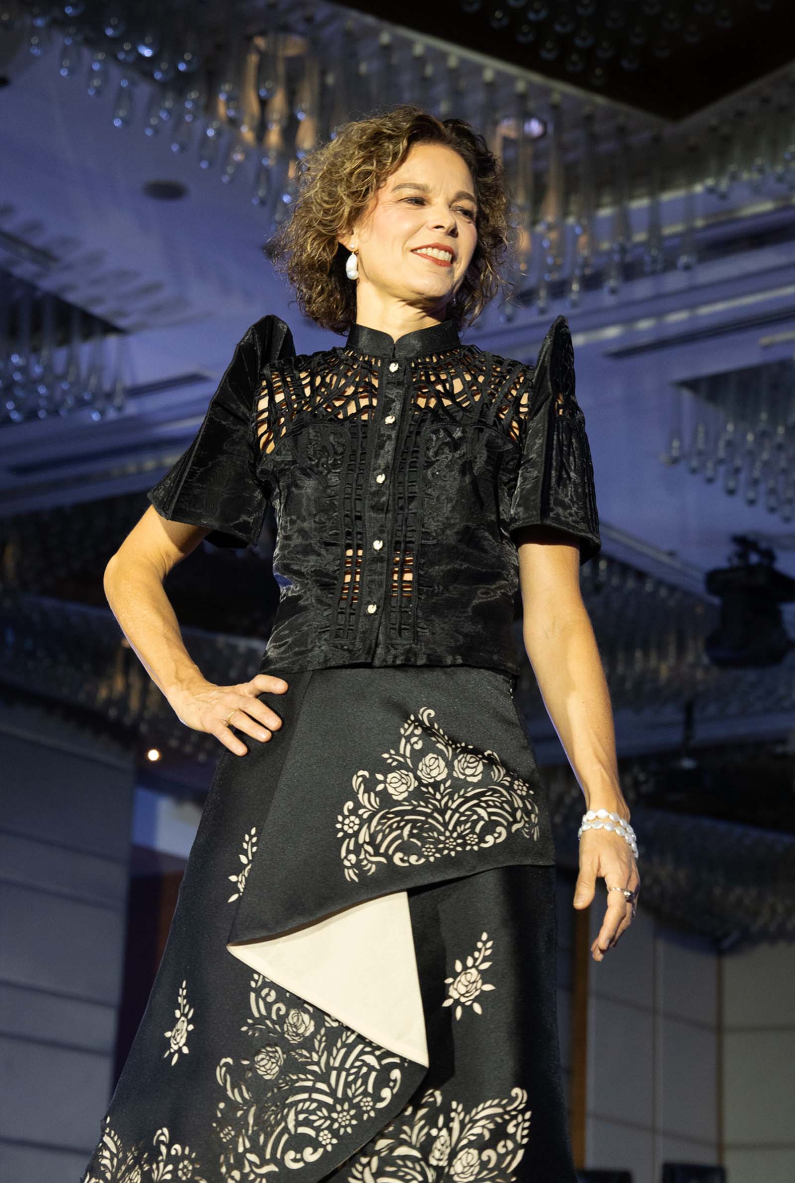 Diplomats_In Article Vertical_Kultura_1 - MEGA Mme. Prof Dr. Denise Brühl Moser, Spouse of the Ambassador of Switzerland, dressed by Kultura in a cutwork embroidered terno top and laser cut skirt.