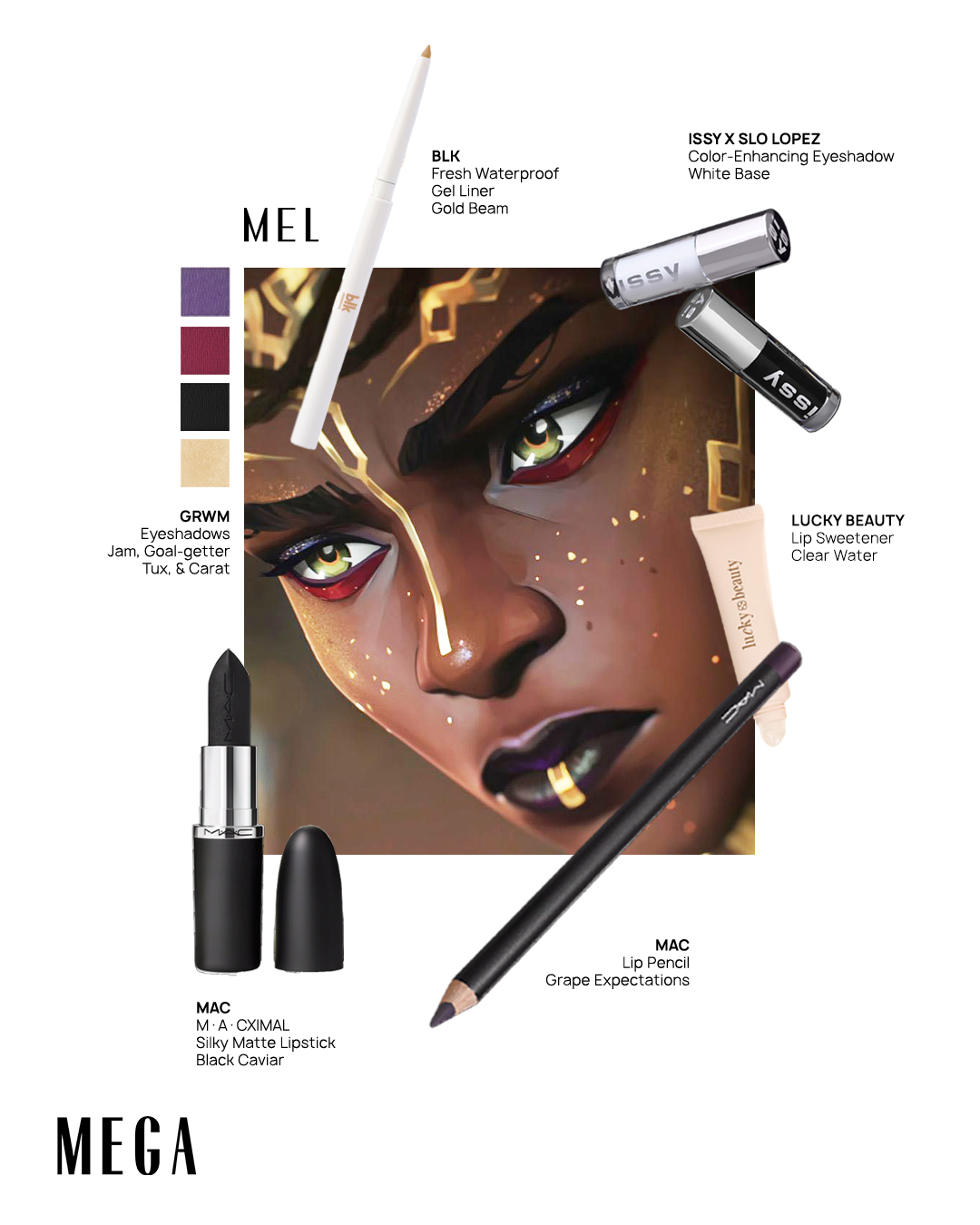 Recreate Mel Medarda's out-of-this-world look with the Issy x Slo Lopez Color-Enhancing Eyeshadow Base, GRWM Face Card Shadowplay Shadows and Toppers, MAC's Lip Pencil and Silky Matte Lipstick, Lucky Beauty's Lip Sweetener, and the blk Fresh Waterproof Gel Liner  arcane makeup look beauty