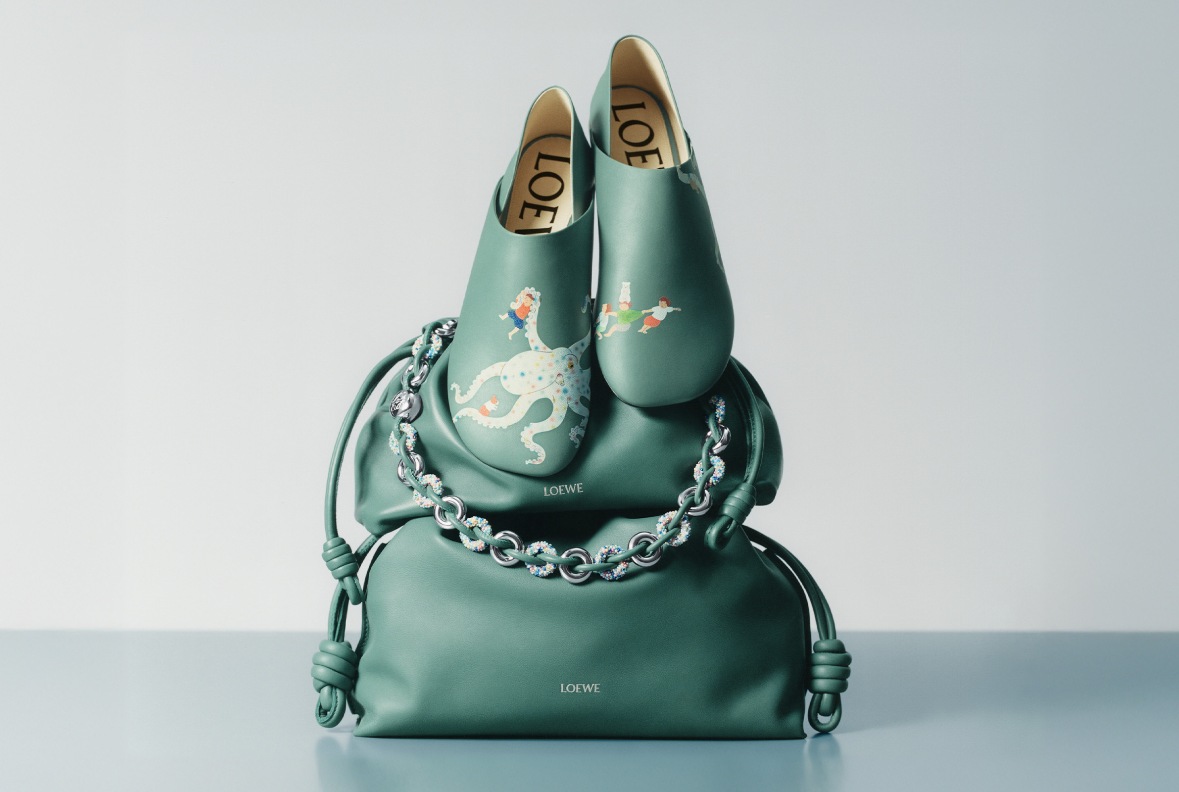 mega-loewe-03 - MEGA A green bag with flats decorated by a playful octopi character Relive Your Fantastical, Dreamlike Wonder With the LOEWE x Suni Fujita Collection