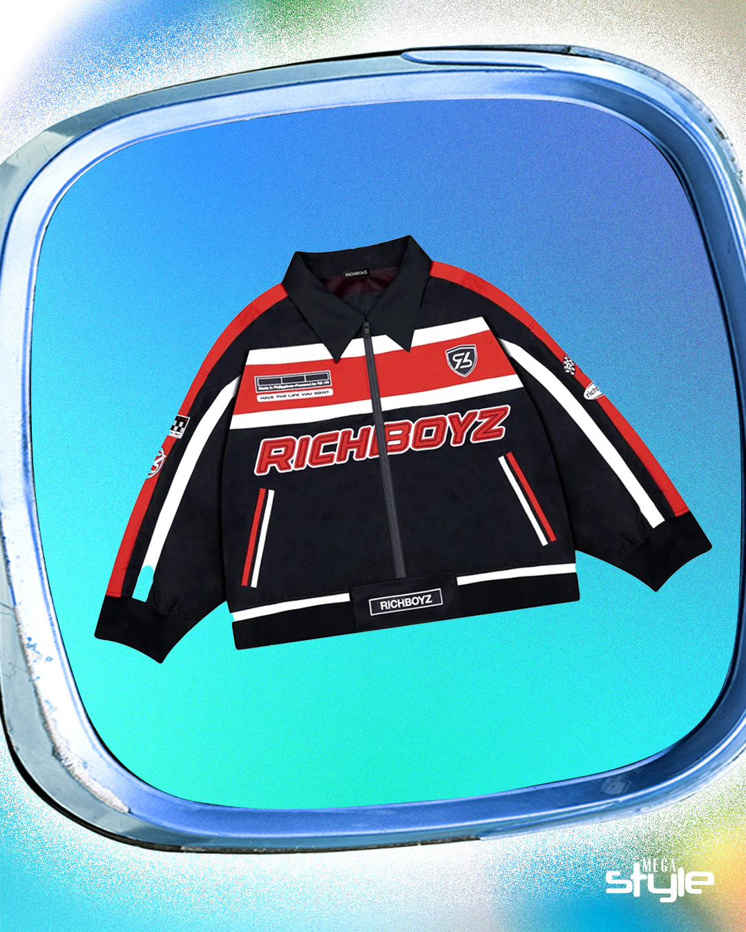 megastyle-max-streetwear-5 - MEGA Richboyz' Racing Jacket makes a good layer with its loud design and eye-catching accents maximalist maximalism streetwear pieces design element print pattern jewelry